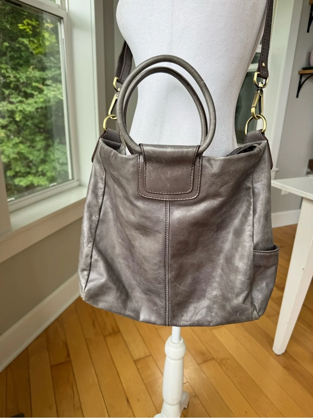 HOBO Taupe Gray Leather Hobo Shoulder Bag with Top Handle and Shoulder Strap